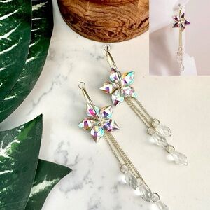 Iridescent Flower Star Rhinestone Earrings Gold Hoops Tassel Crystal Boho NEW